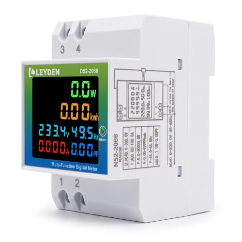 Image of LEYDEN D52-2066 6-in-1 Multi Function Digital Meter | AC 40-300V, 0-100A, 45-65Hz | Watt, kWh, Voltage, Current, Frequency & Power Factor Meter | Colour LCD | DIN Rail Mount