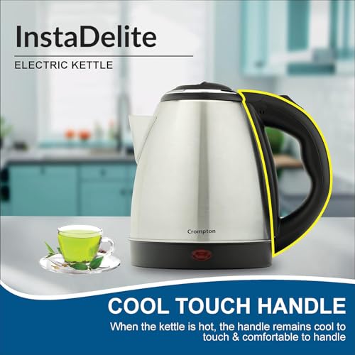 Image of Crompton Insta Delite 1.5L SS Electric Kettle with 1500W power | Stainless steel body | Soft grip handle | LED indicator | 360-degree swivel base | Auto shut-off | Dry Boil Protection