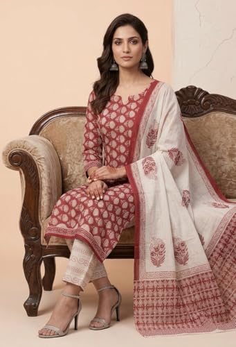 Image of Eddika women unstitched hand block printed cotton suit set with mulmul dupatta ehbpcswmd0120P