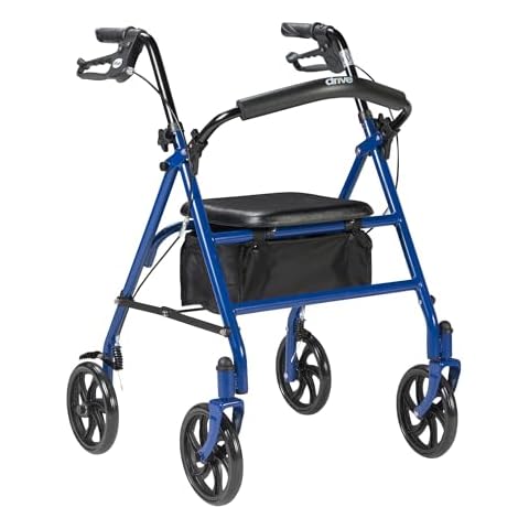 Drive Medical 10257BL-1 4 Wheel Rollator Walker With Seat, Steel Rolling Walker, Height Adjustable, 7.5" Wheels, Removable Back Support, 300 Pound Weight Capacity, Blue Cover