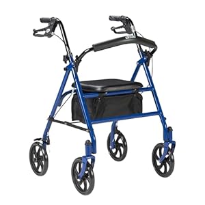 Drive Medical 10257BL-1 4 Wheel Rollator Walker With Seat, Steel Rolling Walker, Height Adjustable, 7.5″ Wheels, Removable Back Support, 300 Pound Weight Capacity, Blue