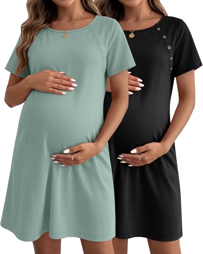 Image of Huukeay 2 Pack Labor and Delivery Hospital Gown Women Nursing Birthing Maternity Dress 3 In1 Breastfeeding Buttons Pjs Robe