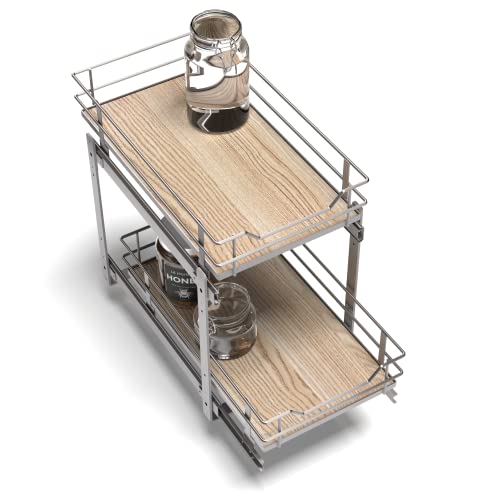 Home Zone Living Organizador de gabinete de cocina extraíble con 2 niveles de almacenamiento para un fácil acceso, 12 pulgadas de ancho x 20 pulgadas de profundidad, níquel satinado con marrón claro,
