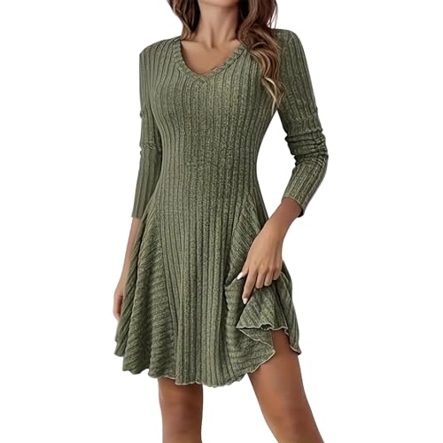YGNAOTAN Pulloverkleid Damen Langarm V-Ausschnitt Strickkleid Elegante Hohe Taille A-Linie Herbstkleid Knielang Casual Gestrickt Kleid Winter...