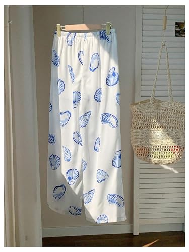 MakeMeChic Women's Seashell Print Elastic Waist Pants Tie Front Wide Leg Summer Trousers2