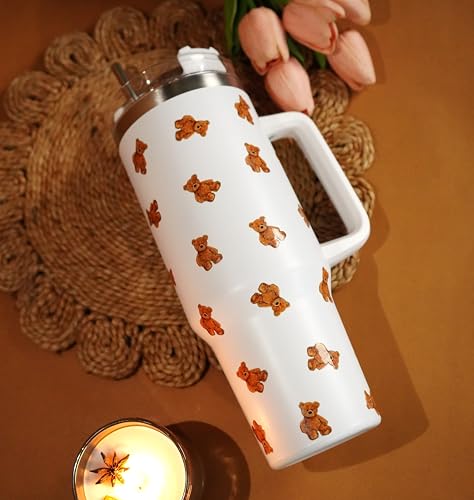 Image of 1200ML Stainless Steel Tumbler Hot and Cold with Handle and Lid and 2 Straws, Double Insulated Cup Leak Proof Mug Cupholder for Gym, Travelling (Teddy)