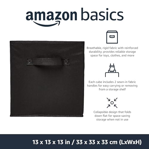 Amazon Basics Collapsible Fabric Storage Cube/Organiser with Handles, Pack of 6, Solid Black, 33 x 33 x 33 cm