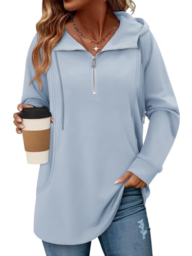 onlypuff Women Hoodie Pullover Trendy Quarter Zipper Lapel Sweatshirts Drawstring Cute Hooded Tunic Tops with Side Pockets