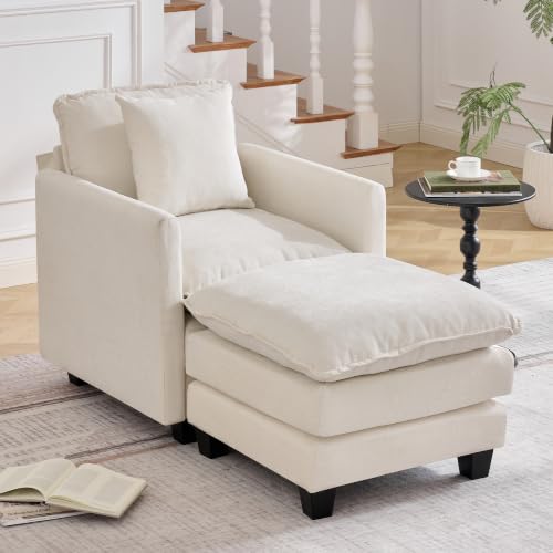 Image of 30'' Cloud Single Couch with Ottoman, Cloud Sofa with Throw Pillow, Modern 1 Seater Reading Chair with Deep Seat, Accent Chairs for Living Room, Bedroom, Small Apartment, Beige