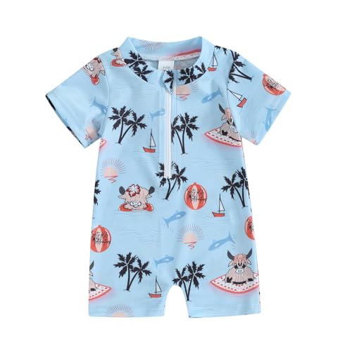 Dcohmch Baby Boy Swimsuit Rashguard Cartoon Print One Piece Bathing Suit Toddler Zipper Swimwear 6 9 12 18Months 2T 3T (Blue 2, 12-18 Months)
