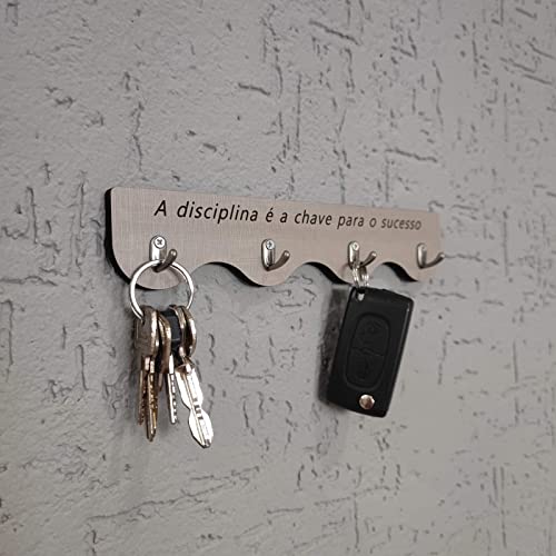 Porta Chaves em MDF - Disciplina - 4 Ganchos- Creme e Prata