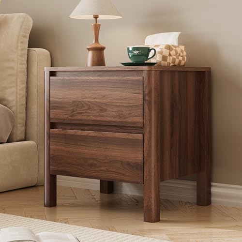 Image of MAISONARIA Walnut Nightstands Set of 2, Mid Century Modern Bedside Table with Hidden Handles and Wood Legs, Wooden End Table with 2 Drawers for Bedroom
