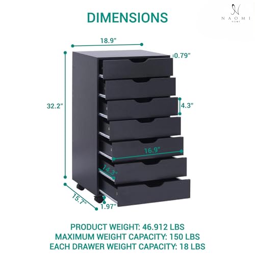 Image of Naomi Home Debbie Office File Cabinet with 7 Drawers, Rolling Storage Organizer for Home Office & Workspace