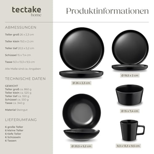 tectake® Kombiservice, Geschirrset, Tafelservice 6 Personen, Steingut Geschirr Set schwarz, Teller Set mit Schalen, Kaffeetassen, Speiseteller, Frühstücksteller, tiefe Teller und Schüsseln - 30-tlg.