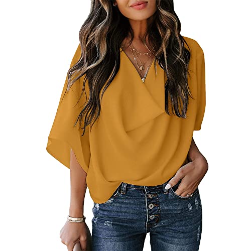 Womens Blouses and Tops Casual Elegant Summer Short Sleeve Lightweight Chiffon Shirts and Tops (X-Large,Yellow)