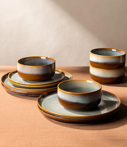 Image of Ceramic Dinnerware Sets for 8, 24 Pieces Handmade Reactive Glaze Plates and Bowls Set, Scratch Resistant Dish Set, Oven & Microwave & Dishwasher Safe, Dusk Blue