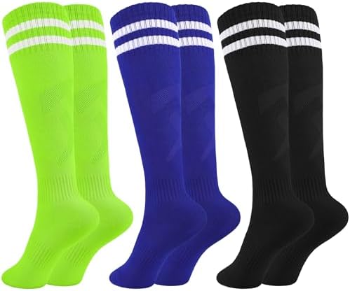 Glooarm 3 Pairs Kids Soccer Socks Baseball Uniform Striped Knee High Socks Cotton World Cup for Boys Girls 3-12 Years Old (Black, Blue, Light Green,6-9 Years)