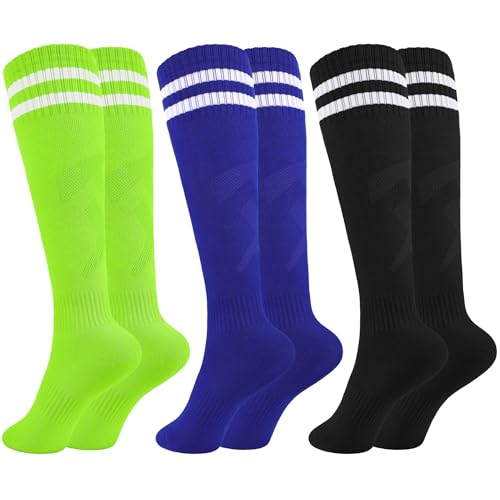 Glooarm 3 Pairs Kids Soccer Socks Baseball Uniform Striped Knee High Socks Cotton World Cup for Boys Girls 3-12 Years Old (Black Blue Light Green 6-9 Years)