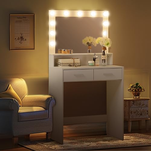 Image of MIRROTOWEL Vanity Desk with Mirror and Lights, Dressing Table with Large Drawer, 2 Level Storage Dresser & 3 Lighting Modes Adjustable Brightness, Suitable for Bedroom
