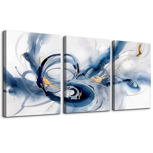 TTHYUEWS Abstract Wall Art For Living Room Canvas Wall Decor For Bedroom Office Decorations Minimalist Art Wall Pictures Blue Abstract Ink Wall Paintings Posters Modern Home Decor Artwork 3 Pieces