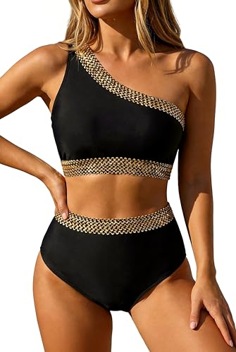 Tempt Me Women Black High Waisted Bikini Set - One Shoulder Two Piece Swimsuits Full Coverage Bathing Suits Swimwear Bottom M