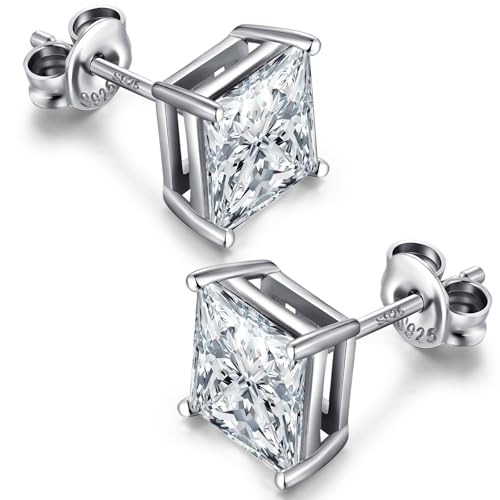 Sparkling Square Stud Earrings 925 Sterling Silver Cubic Zirconia Stud Earrings Hypoallergenic Earrings for Women/Men 4MM-8MM