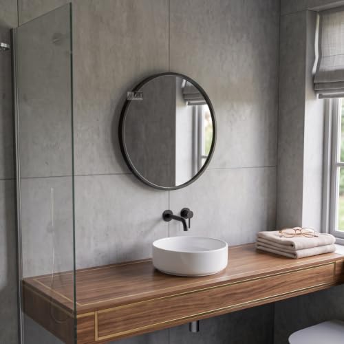 Image of Round Wall Mirror in Gold I Metal Frame Mirror I Modern Design Metal Frame Mirror in Medium Size I Bathroom Wash Basin, Bedroom, Drawing Room (Black 16 inch)