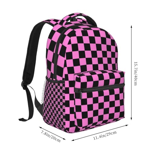 Pink Black Checkered Chessboard Flag Lightweight Backpack Travel Casual Bags for Women or Men 15.7 Inches2