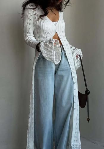 Image of Unybwonn Long Cardigans for Women Crochet Hollow Out Knit Sweater Cover up Maxi Dress Long Sleeve Button Down Cardigan