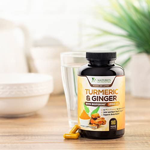 Turmeric Curcumin With Bioperine & Ginger 95% Standardized Curcuminoids 1950Mg - Black Pepper For Max Absorption, Natural Joint Support, Nature's Tumeric Extract Supplement Non-Gmo - 180 Capsules #TOP6