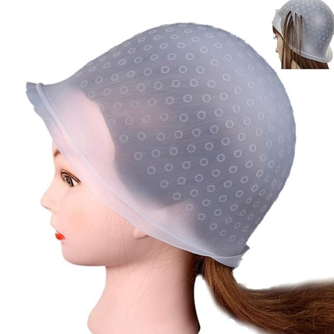Reusable Silicone Highlight Cap with Metal Hook Professional Hair Coloring Dyeing Hat White