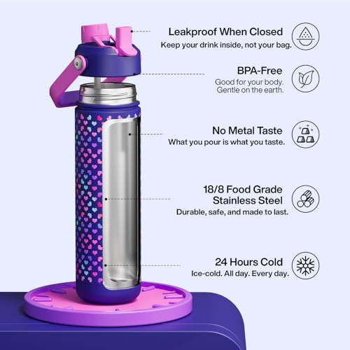 Image of ENCOOL Insulated Water Bottle with Straw Stainless Steel Water Bottle, Glow in the Dark, Leak-Proof, BPA-Free, Keeps Cold for 24 Hours for Sports, Travel, School (26 oz, Heartfield)