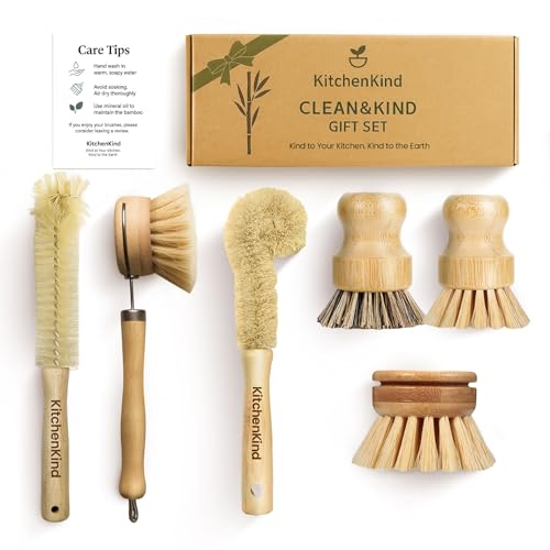 KitchenKind Clean & Kind Gift Set – Premium 6-Piece Eco-Friendly Bamboo Kitchen Brush Set with Natural Bristles & Wooden Handles