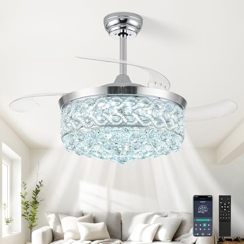 TXCSLY 42 inch Crystal Fandelier Ceiling Fan with Light, Retractable