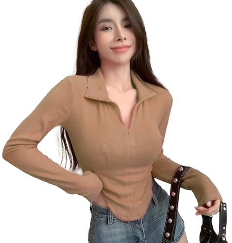 Image of Istyle Can Women's Top Solid Long Sleeve Ribbed Asymmetric Hem Casual T-Shirt with Zipper Collar. Full Sleeve, Rib Knit, Plain, Slim Fit