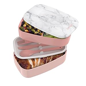 Bentgo Classic – All-in-One Stackable Bento Lunch Box – Modern Style and Design Includes 2 Containers, Built-in Plastic Utensil Set, and Nylon Sealing Strap (Blush Marble)