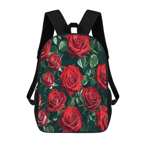 17 Inch Backpack Red Rose Romantic Print Travel Dayback Shoulder Back Pack Carry On Backpack with Adjustable Shoulder Straps