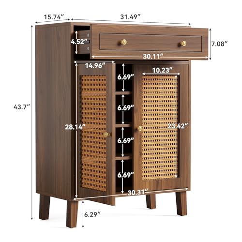 LITTLE TREE Shoe Cabinet for Entryway, 4-Tier Shoe Organizer with Adjustable Shelves & Drawer, Freestanding Brown Shoe Cabinets with Rattan Doors for Hallway, Bedroom, Living Room