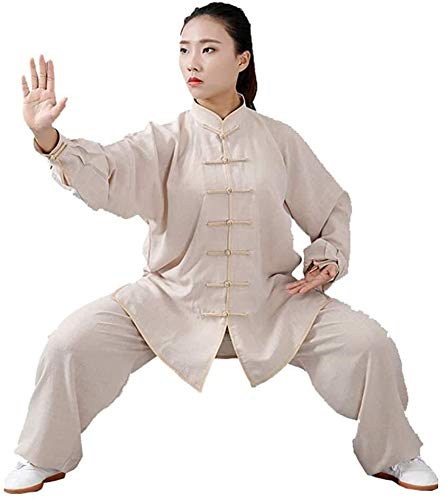 ZHANGNA Tai Chi Uniform Set Kung Fu Clothing Tang Suit, Tai Chi Clothing Womenï¼ŒMen Unisex Kung Fu Uniform Tai Chi Martial Arts Clothing Wushu Suit Tracksuit Tops (Color : Khaki, Size : Large)