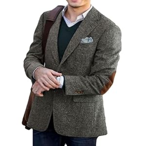ORBITRAY Men’s Tweed Blazer Jacket with Elbow Patches Men Winter Short Trench Coat Vintage Coat
