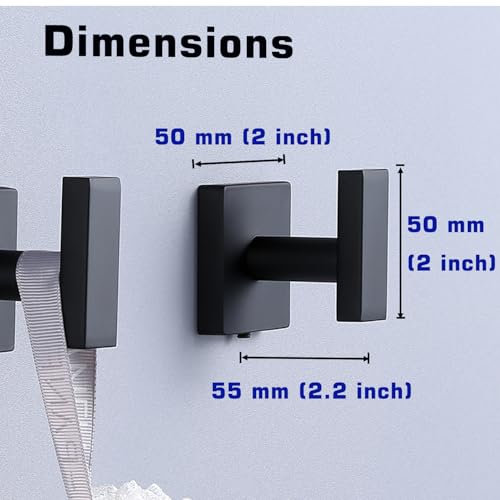 Image of (2-Pack) Matte Black Bathroom Towel Hooks, Stainless Steel Square Heavy Duty Wall Hooks Hanger for Bathroom Kitchen Holding Towels, Robes, Coats, Clothes