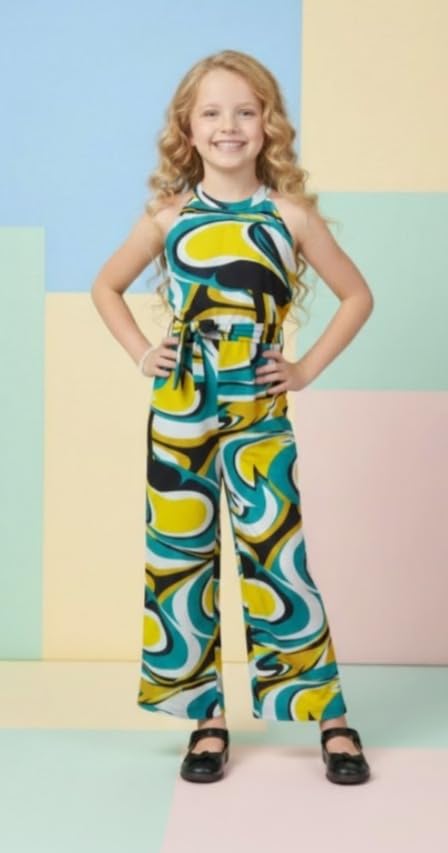 Image of A.T.U.N. (ALL THINGS UBER NICE) Girls Printed Poly Silk Jumpsuit with Tie-Up Belt | Stylish Sleeveless One-Piece Outfit for Kids | Trendy Comfortable Wear for Parties Functions & Photoshoots