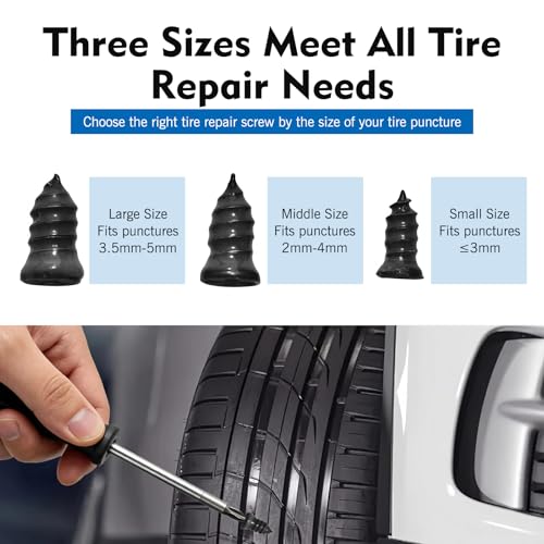 Image of 101 PCS Tire Repair Rubber Nail, 3 Size Vacuum Tire Repair Kits Spiral Rubber Screws, Fast Self-Service Tool for Car, Truck, Motorcycle, Tractor Tire Puncture Repair (Black)