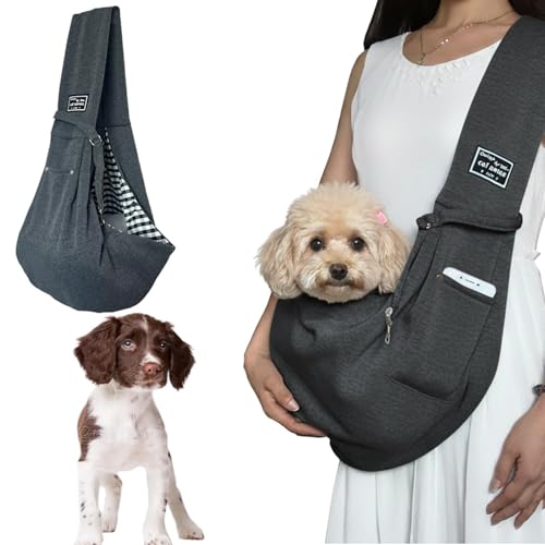 Lifetips コーイケルホンディエ ペットスリング 犬猫兼用 ショルダーキャリー 軽量 通気 洗える 調節可能 クッション付き 収納ポケット 斜め掛け アウトドア 11色展開 小型犬 中型犬 ペット用キャリーバッグ (ダークグレー)