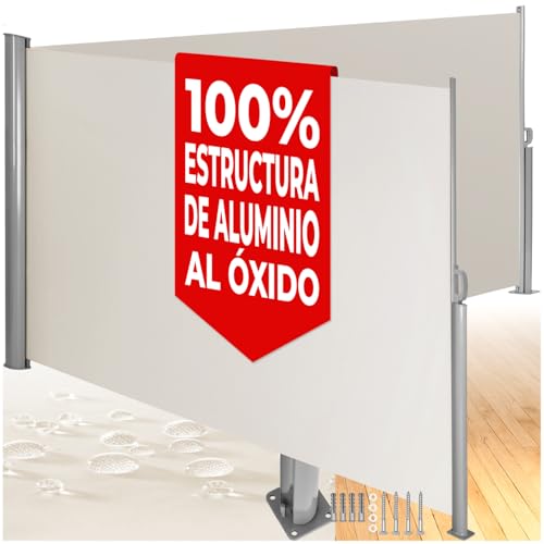 tectake® Toldo Lateral Retráctil, Separador de Ambientes Exterior, Tela Toldo Impermeable 220g/m², Protección Solar, Viento, Privacidad, Toldos Exterior Terraza, Biombo Exterior - 200x600 cm Beige