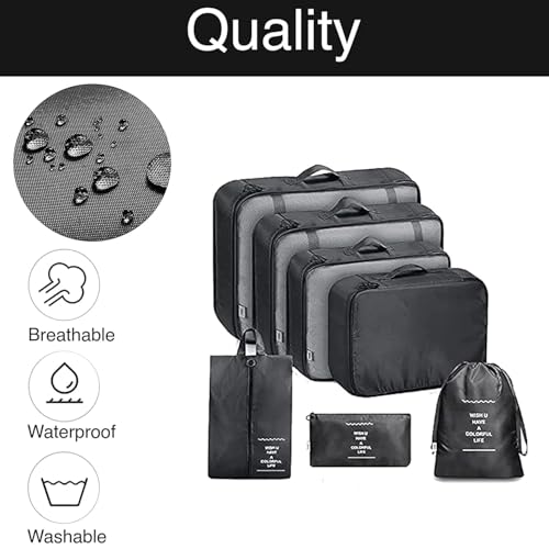 Image of Nylon 7 Pcs Travel Organizer Pouch Packing Cubes For Travel Clothes Space Savers Bags Cosmetics /Underwear /Socks /Shoes Toiletry Organiser Pouch (Black)