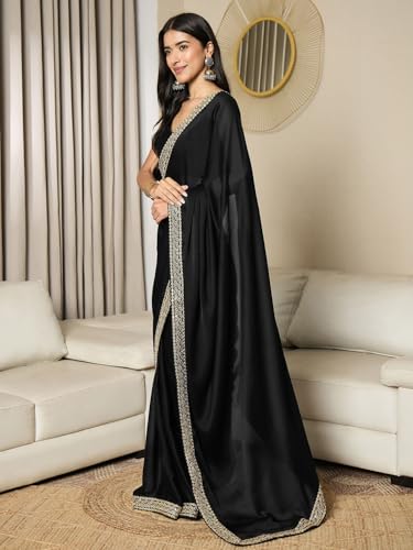 Image of AKHILAM Women's Satin Solid Ready To Wear one Minute Saree with Unstitched Blouse Piece