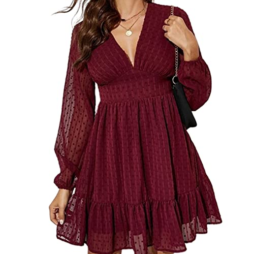 Mini vestido feminino de chiffon casual com babados e cintura e manga, Borgonha, G