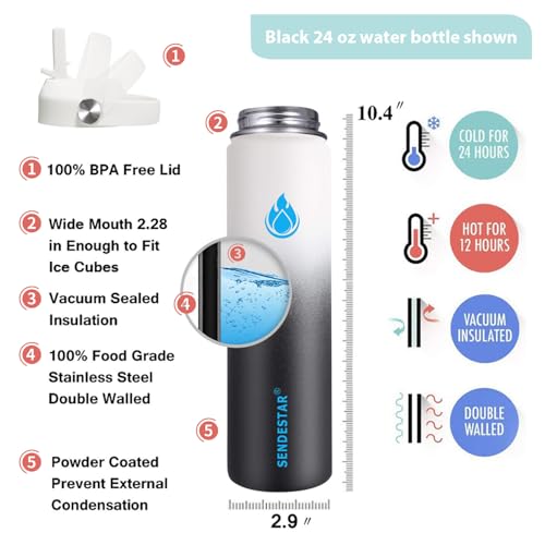 Image of SENDESTAR Stainless Steel Wide Mouth Water Bottle 24oz Double Wall Vacuum Insulated Leak Proof Bottle with New Flex Straw Lid & Spout Lid