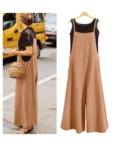 Image of YESNO Women Casual Loose Long Bib Pants Wide Leg Jumpsuits Baggy Cotton Rompers Overalls with Pockets PZZTYP2